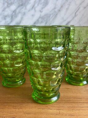 Vintage MCM Set of 7 Green Federal Glass Tumblers Yorktown Mid Century Drinkware